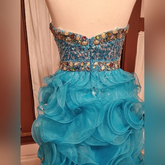 Turquoise Ruffly Hi-Lo Gown - Picture 5 of 5